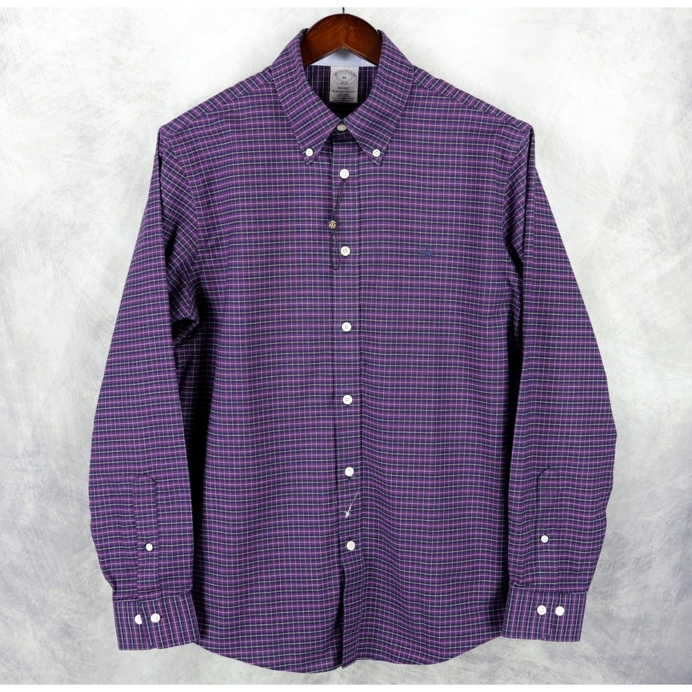 Brooks Brothers Button Down Shirt Mens M Purple Regent Fit Non-Iron Check NWOT